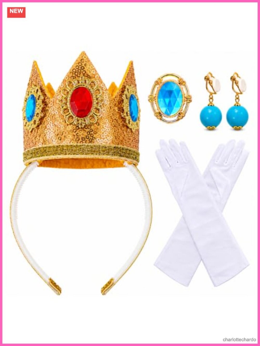 Princess Costume Accessory Set Gold Crown Headband Gloves Earrings Brooch